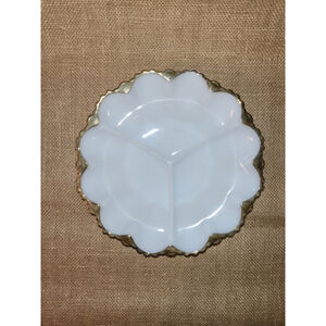 Vintage Gold Rim Scalloped Edge White Milk Glass Divided Serving Platter‎ Tray
